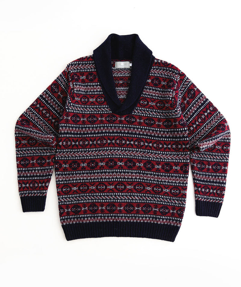 Mens fair isle wool jumper sweater shawl collar red navy blue lerwick