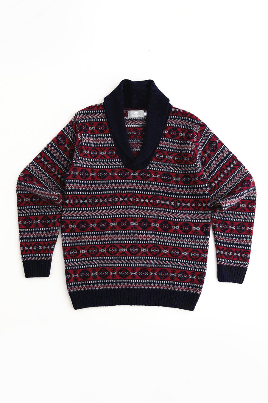 Mens fair isle wool jumper sweater shawl collar red navy blue lerwick