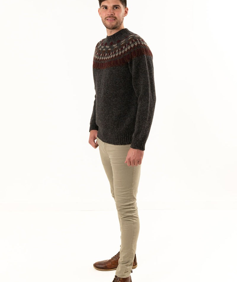 mens fair isle yoke jumper grey brown staffa