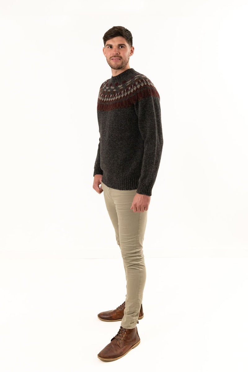 mens fair isle yoke jumper grey brown staffa