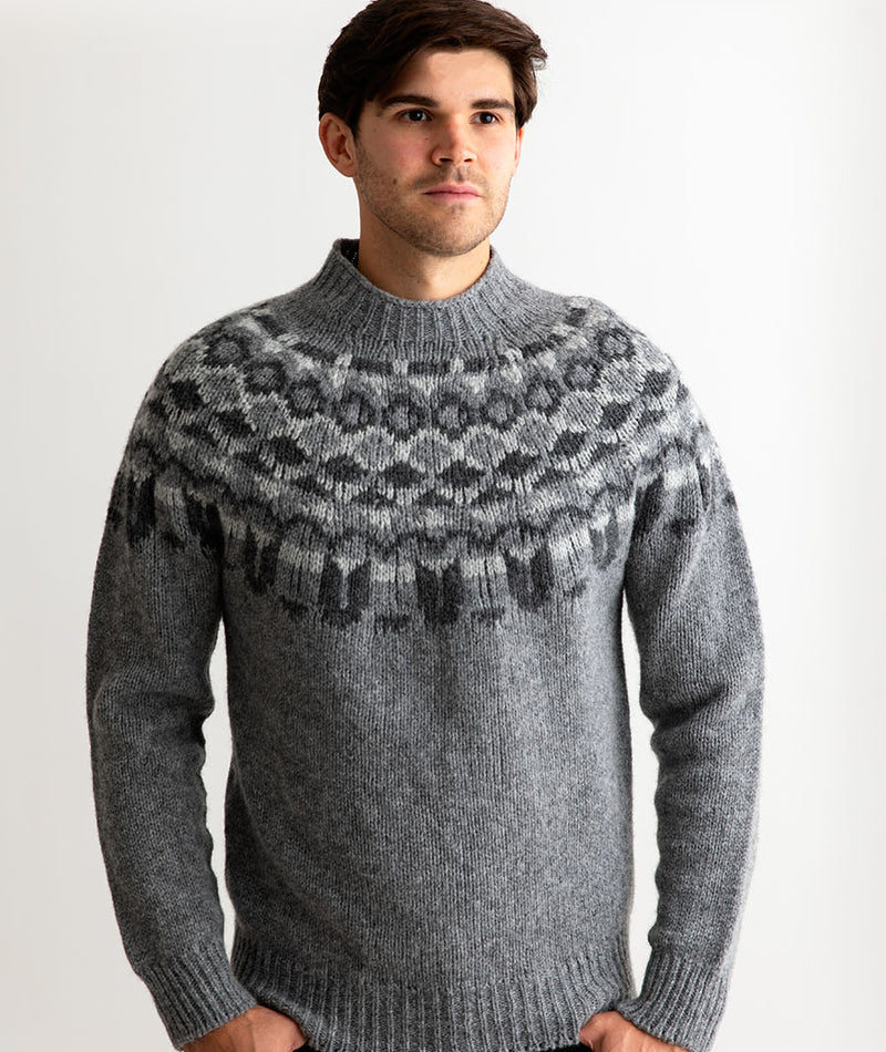 Mens fair isle yoke jumper sweater grey chunky wool brodgar