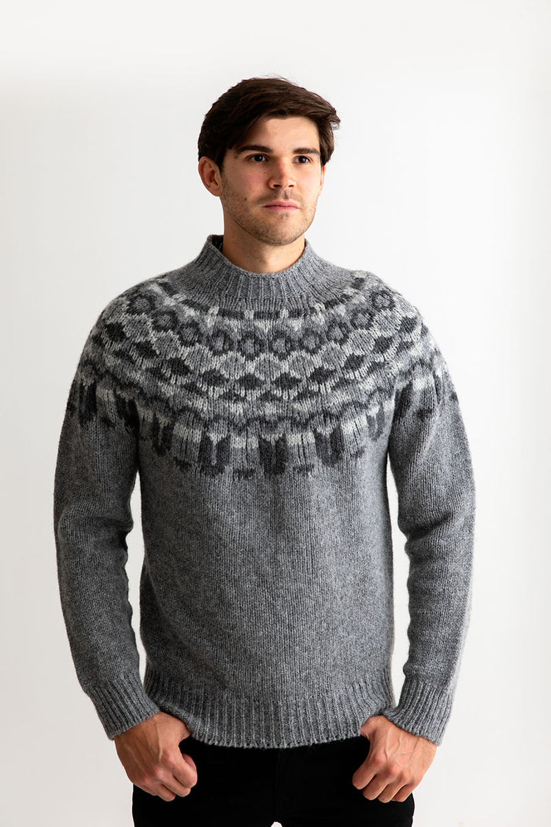 Mens fair isle yoke jumper sweater grey chunky wool brodgar