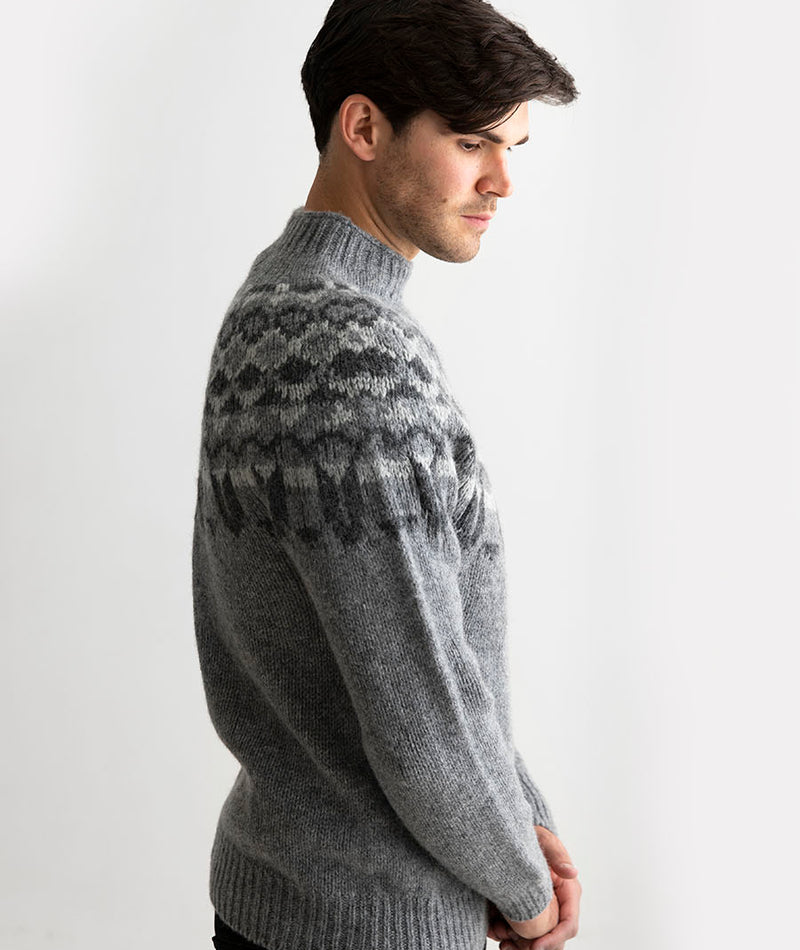 Mens grey fair isle sweater chunky wool jumper brodgar yoke