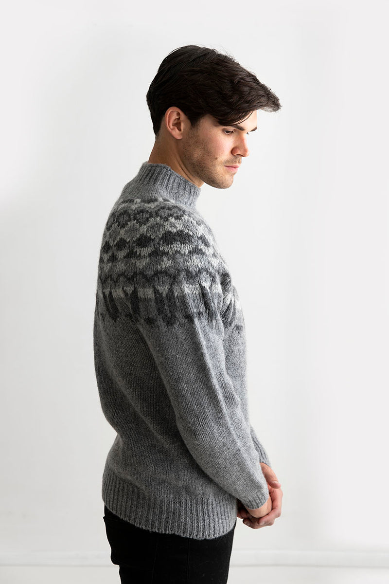 Mens grey fair isle sweater chunky wool jumper brodgar yoke