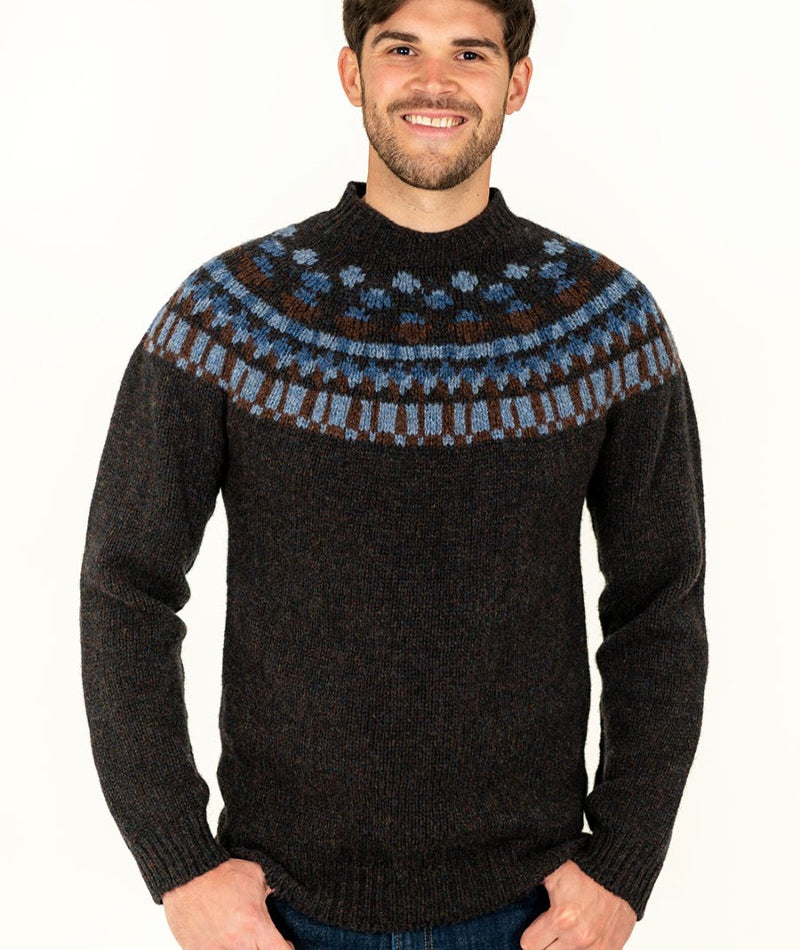 mens brown wool fair isle jumper sweater blue staffa yoke
