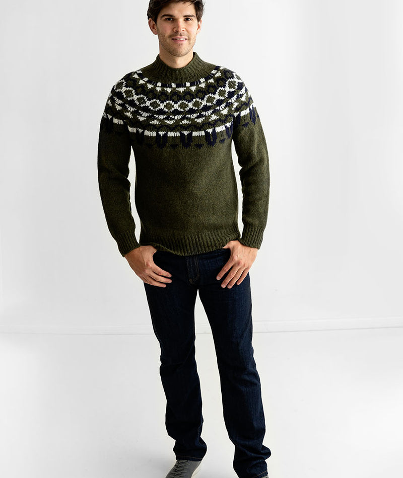 mens fair isle icelandic jumper sweater green wool brodgar