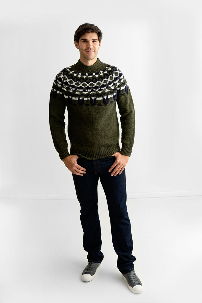 mens fair isle icelandic jumper sweater green wool brodgar