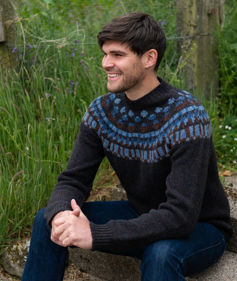 mens fair isle yoke jumper sweater brown blue chunky wool