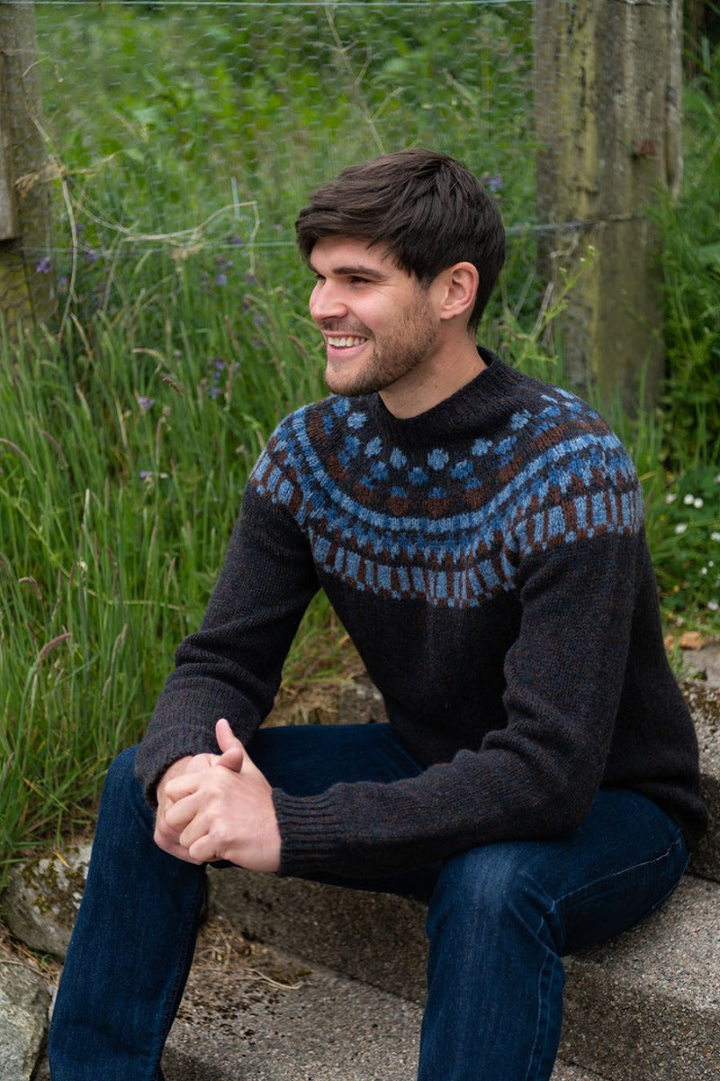 mens fair isle yoke jumper sweater brown blue chunky wool