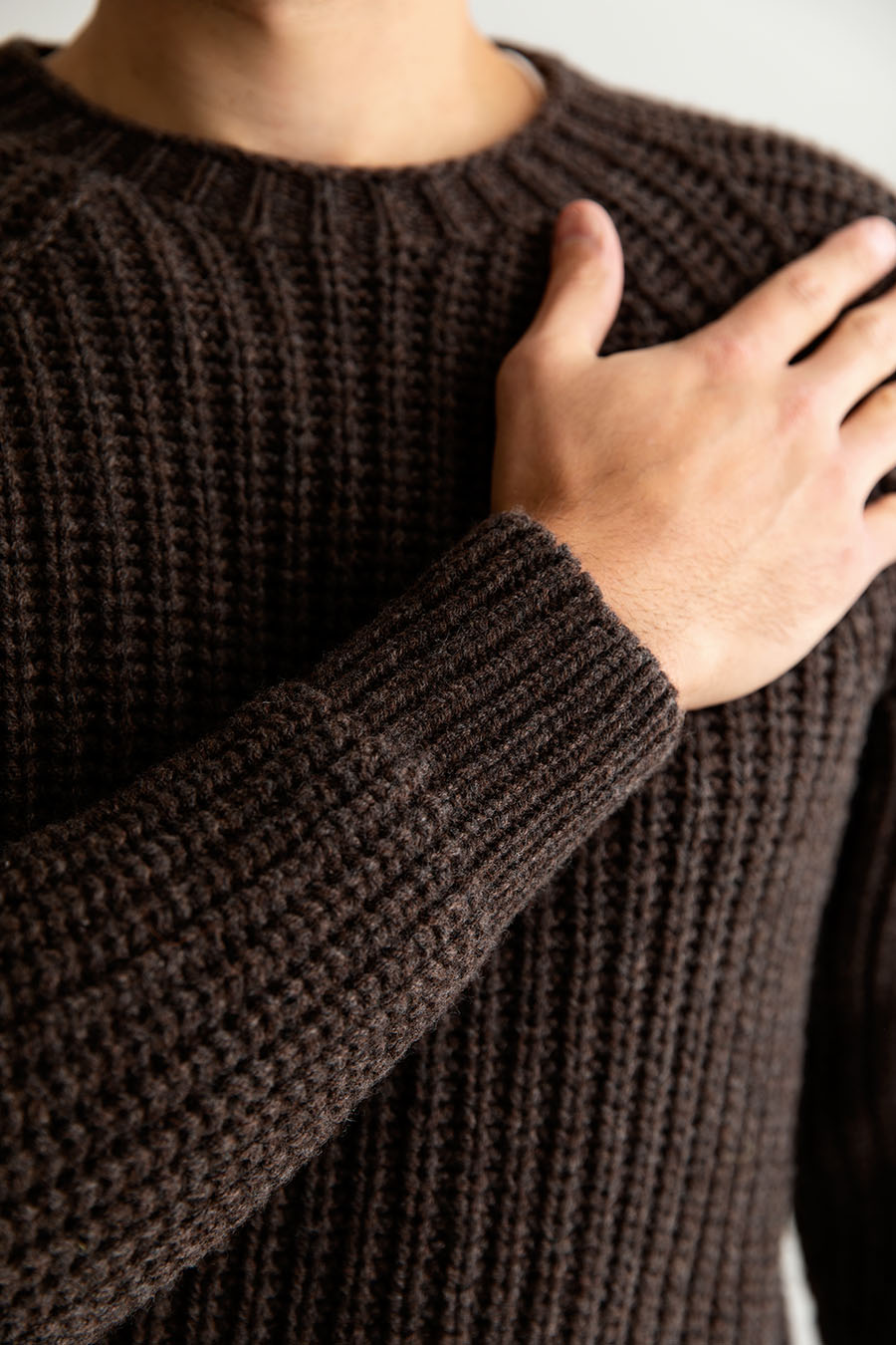 mens brown lambs wool fisherman rib jumper sweater geelong