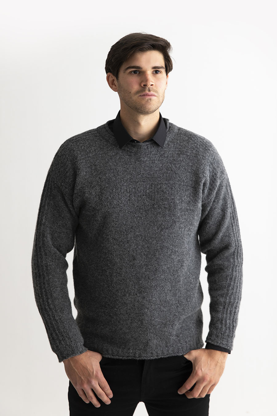 Mens "Breakwater" Shetland Gansey Jumper in Oxford grey