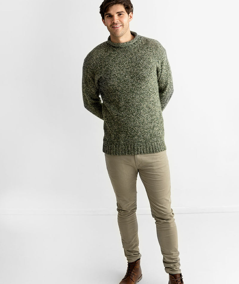 mens green roll neck jumper sweater chunky forest marl