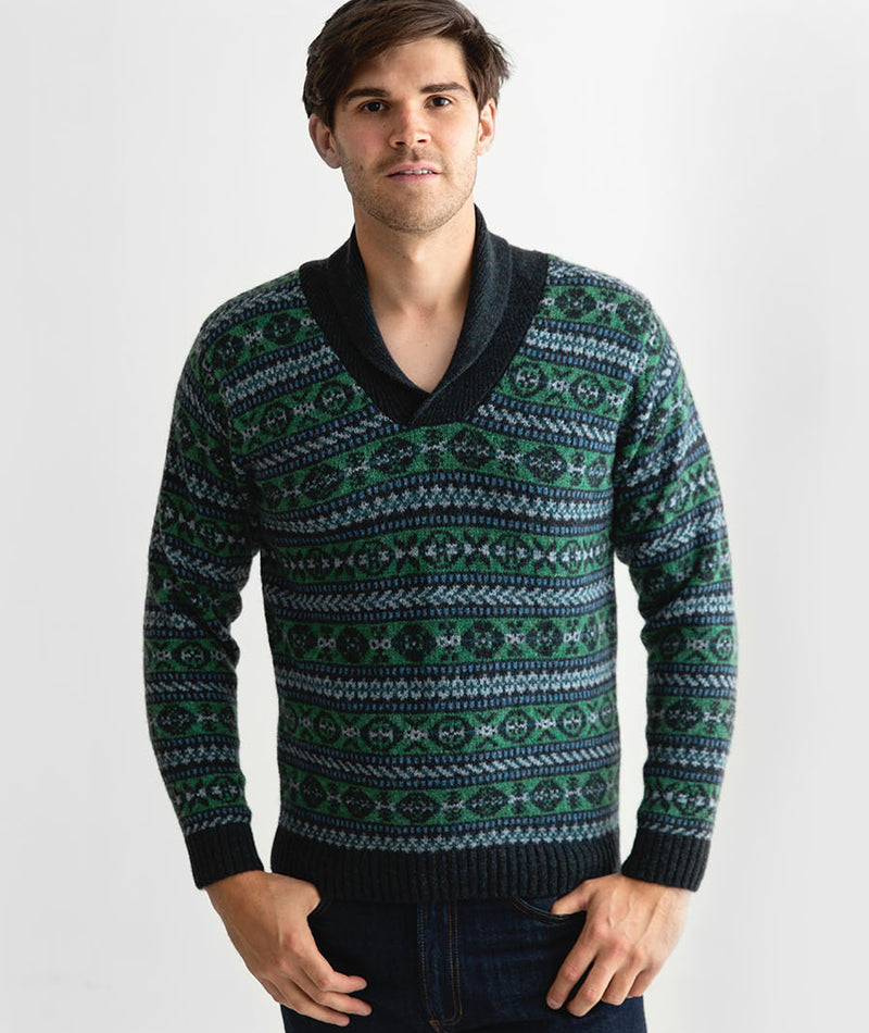 Mens Fair isle Lerwick Shawl Collar Jumper Galaxy Green