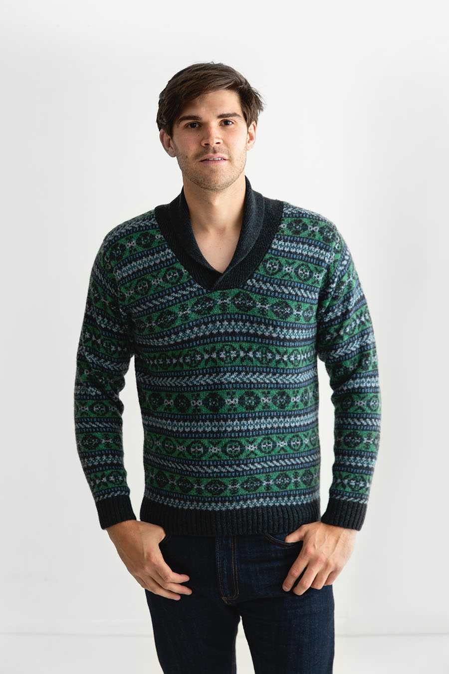 Mens Fair isle "Lerwick" Shawl Collar Jumper in blue with green. Scottish made with shetland-character wool.