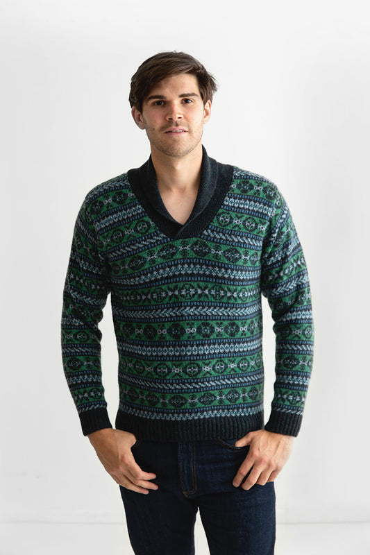 mens green fair isle jumper sweater shawl collar wool Lerwick