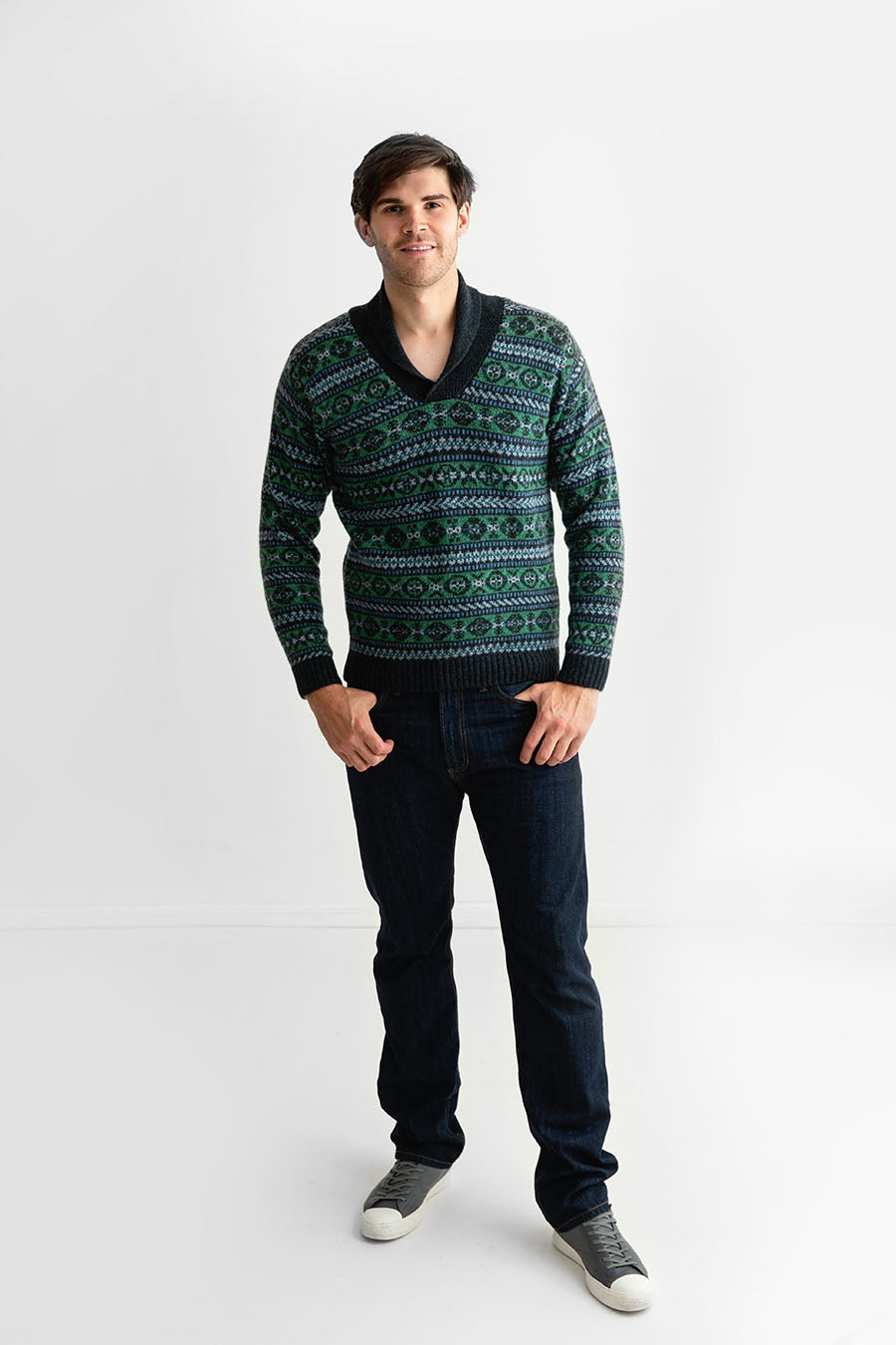 mens green blue wool fair isle jumper sweater shawl collar Lerwick