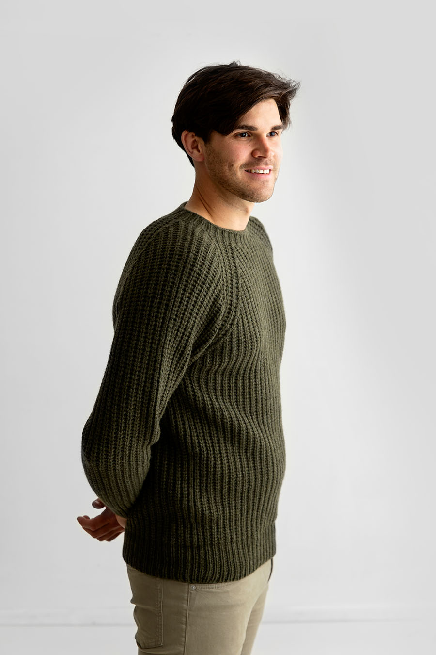 mens green rib jumper sweater lambs wool super fine fisherman