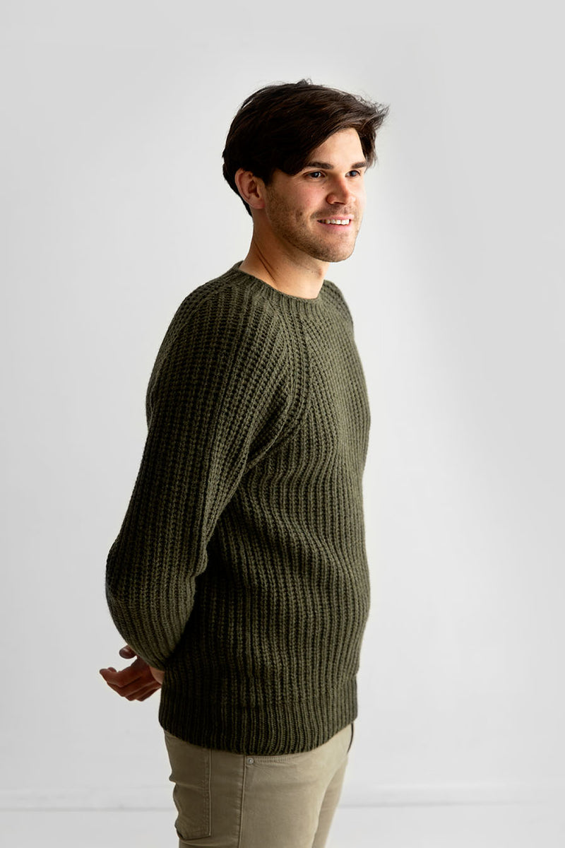mens green rib jumper sweater lambs wool super fine fisherman