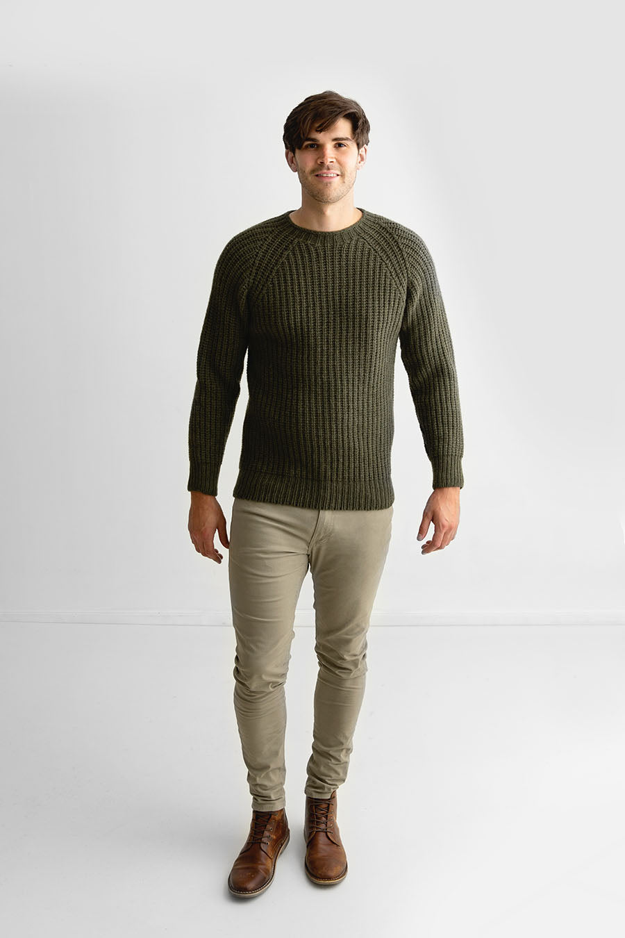 mens green rib jumper sweater lambs wool geelong fisherman