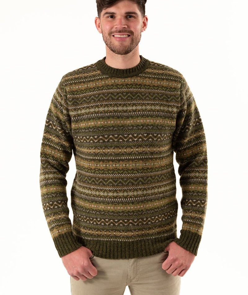 mens green shetland wool fair isle jumper kinnaird sweater
