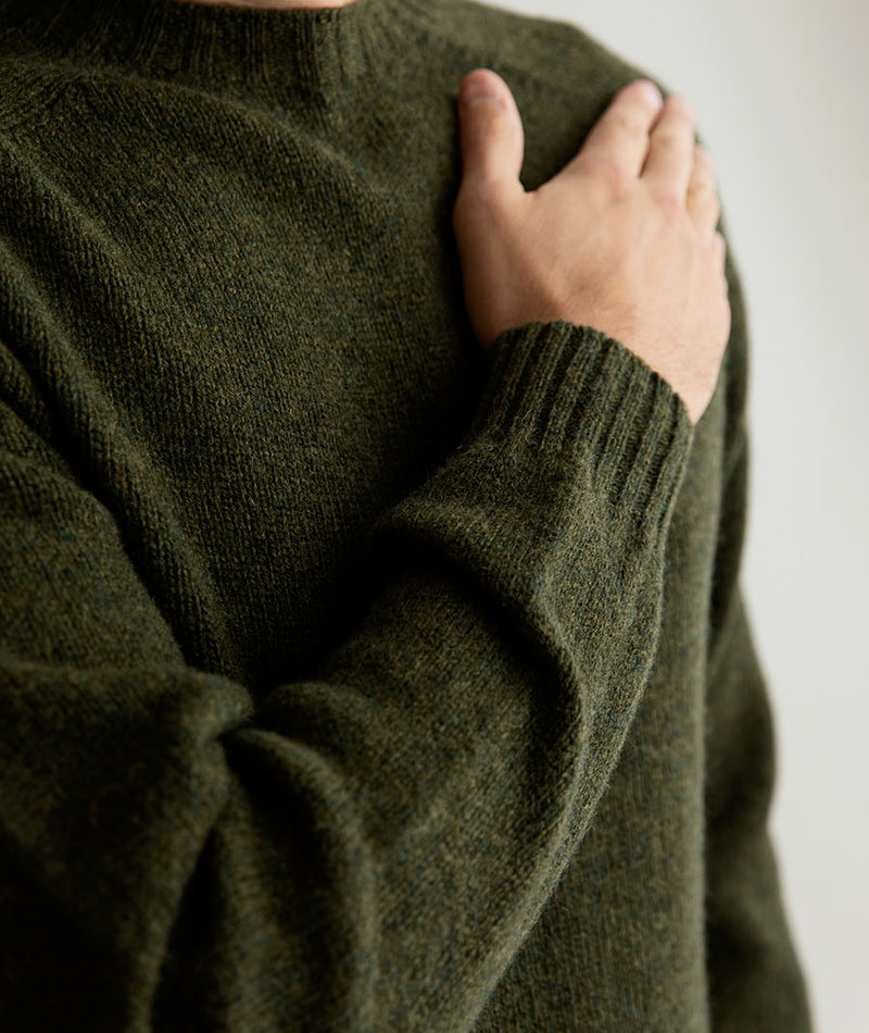 mens shetland wool green jumper sweater saddle shoulder khaki loden