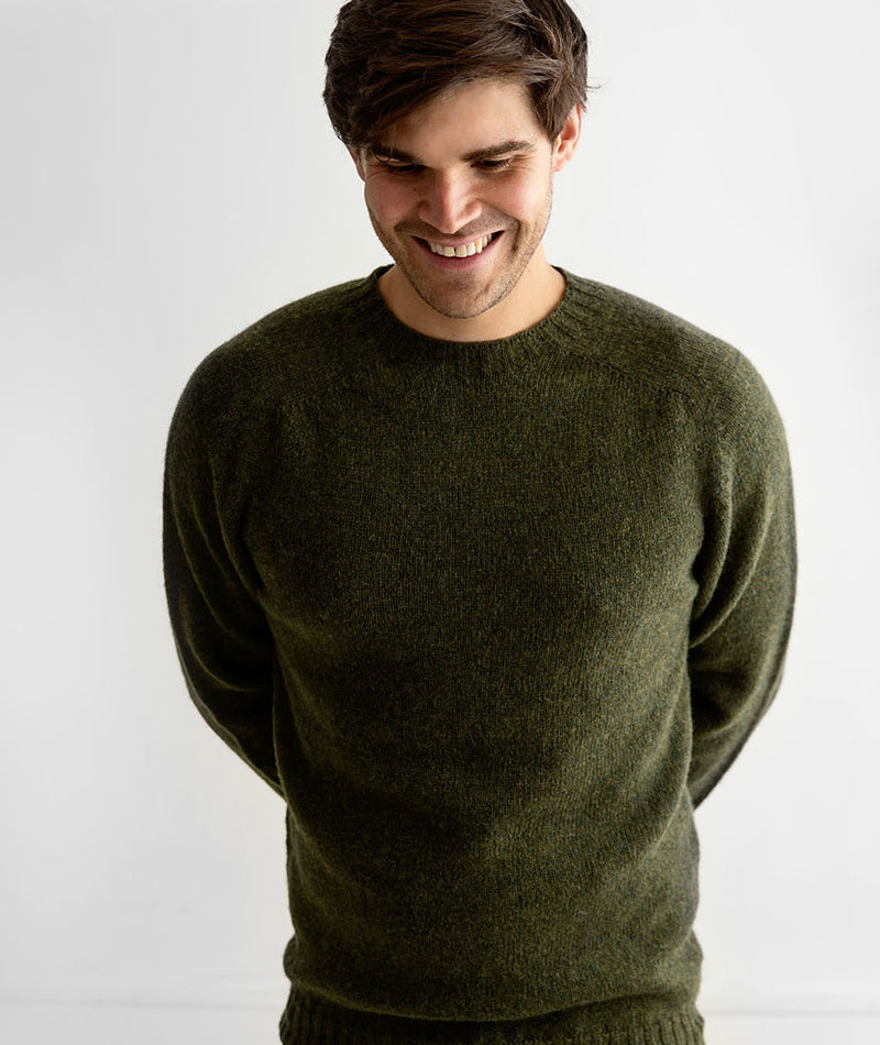 mens green shetland wool jumper sweater saddle shoulder seamless 