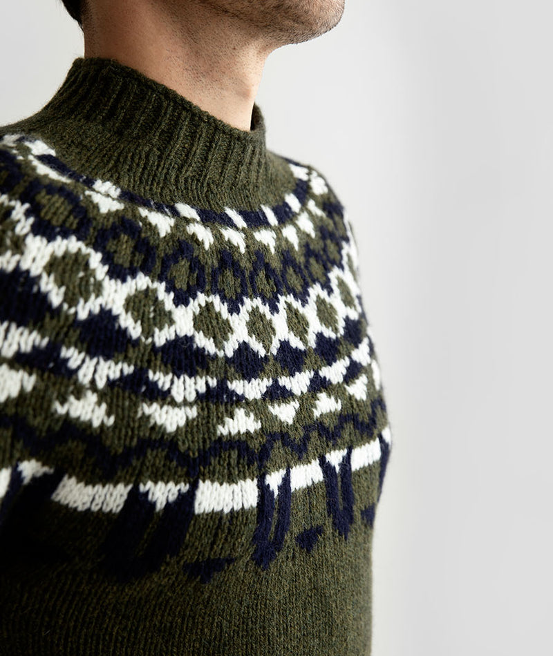 mens shetland wool fair isle yoke jumper sweater green brodgar