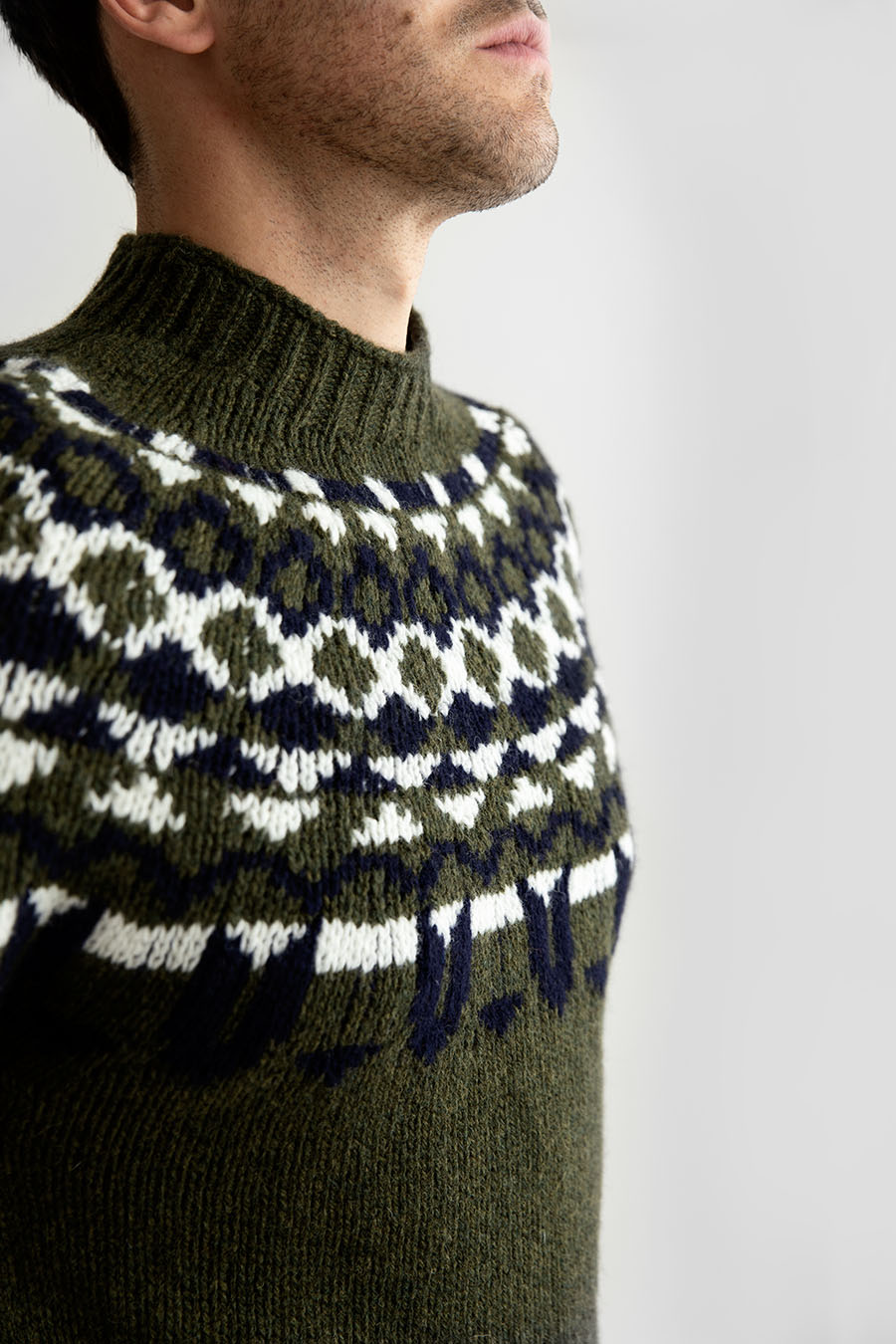 mens shetland wool fair isle yoke jumper sweater green brodgar