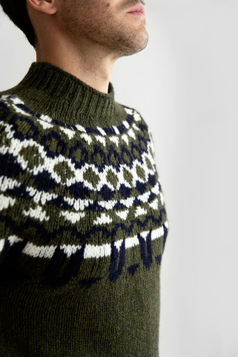mens shetland wool fair isle yoke jumper sweater green brodgar