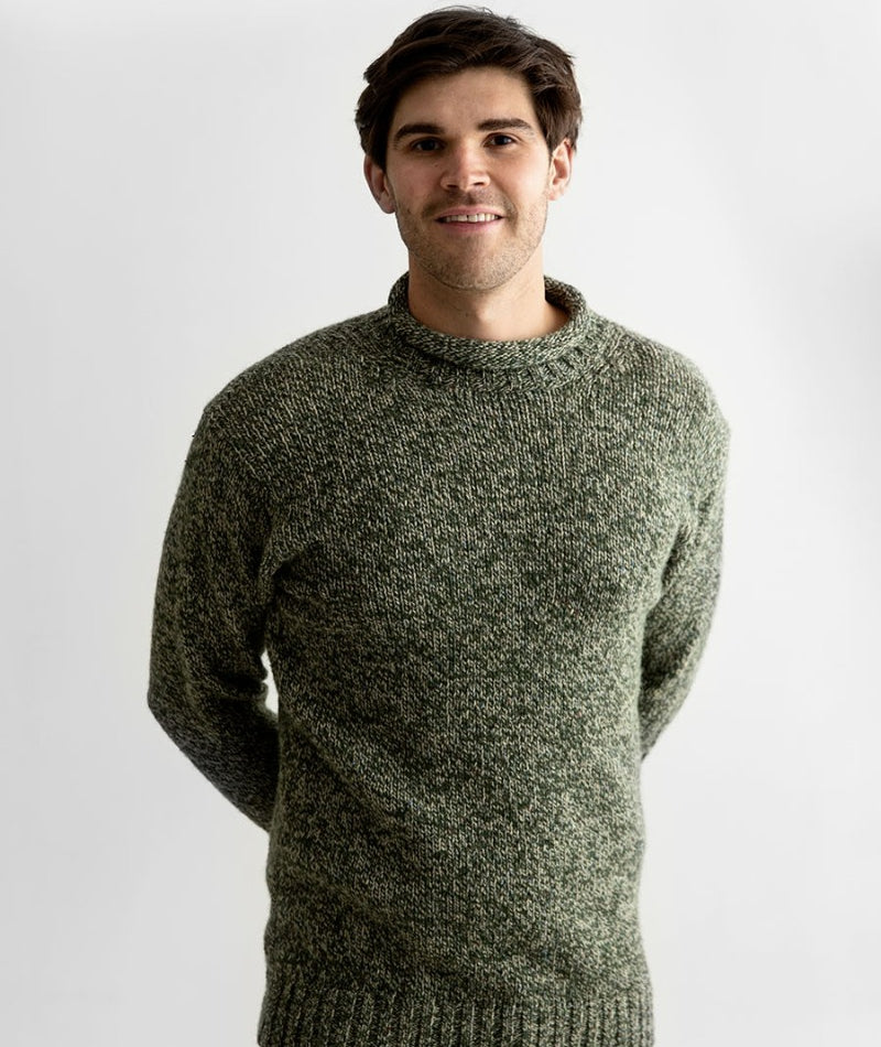 mens green wool jumper sweater roll neck chunky scottish