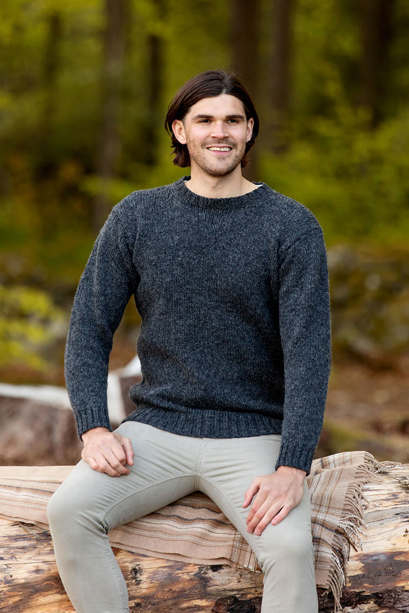 mens mid grey chunky crew round neck wool jumper sweater