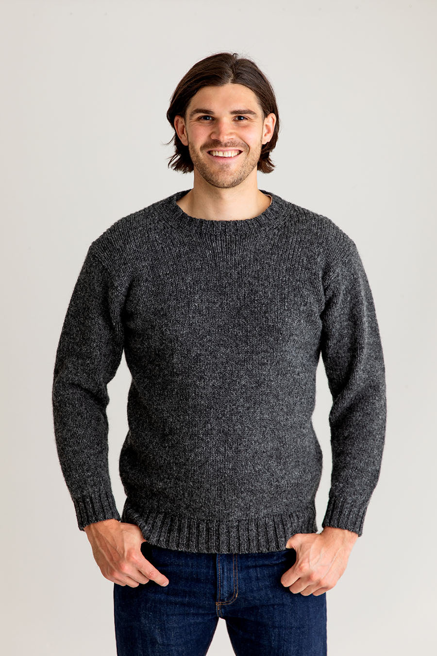mens mid grey crew round neck jumper sweater chunky scottish wool