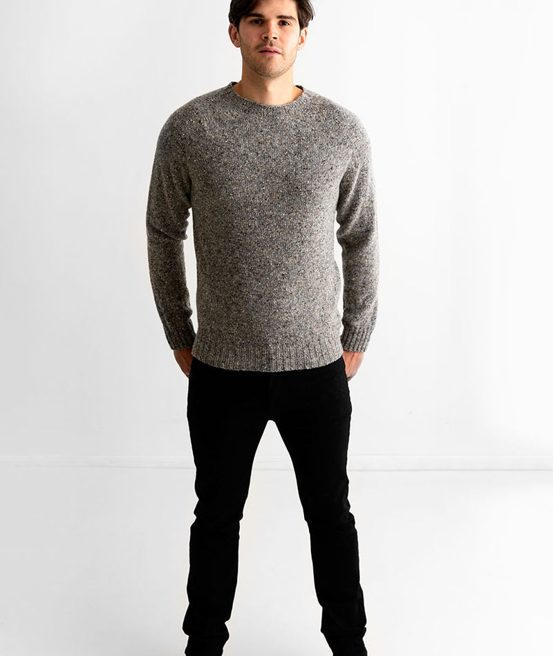 Mens grey donegal merino wool jumper sweater seamless saddle shoulder