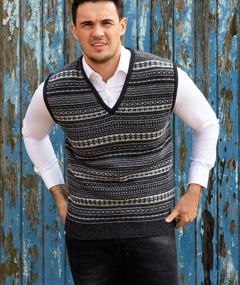 Mens fair isle sleeveless jumper sweater vest. Charcoal grey front