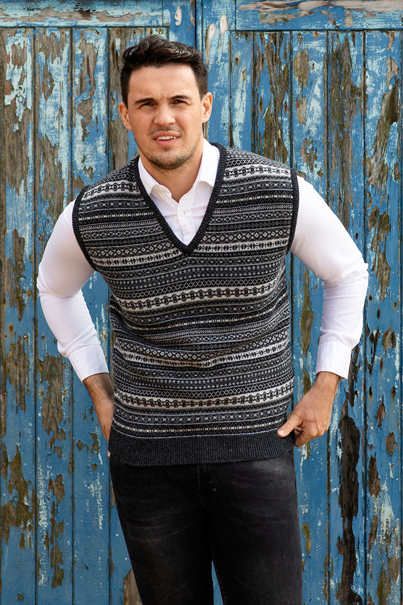 Mens fair isle sleeveless jumper sweater vest. Charcoal grey front