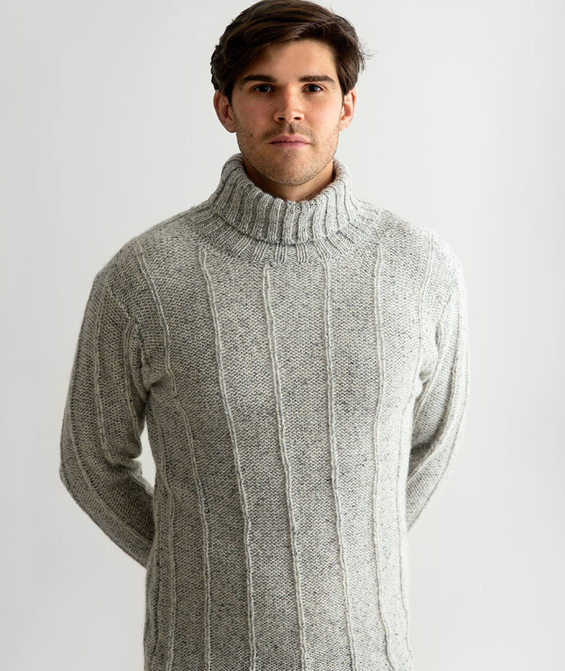 mens grey scottish wool polo turtle neck jumper sweater needle ribbed