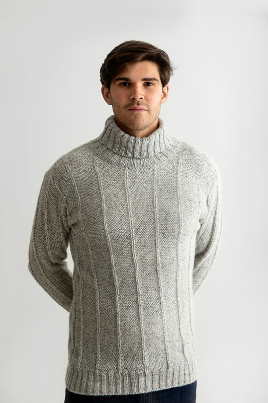 mens grey scottish wool polo turtle neck jumper sweater needle ribbed