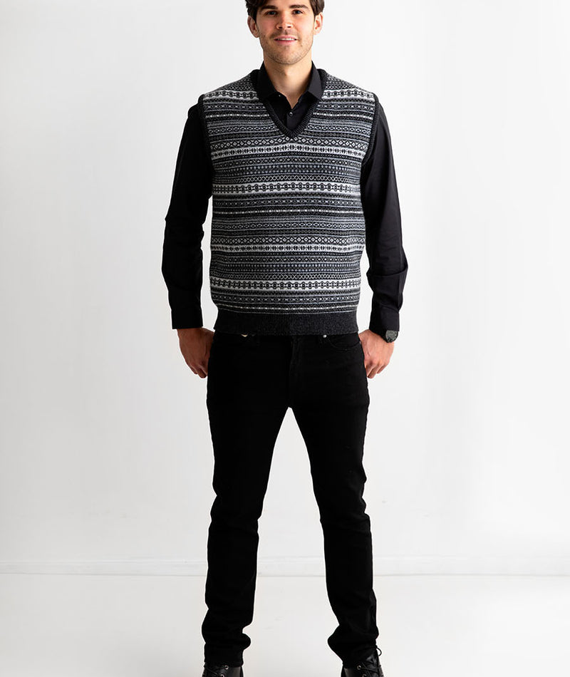 mens grey wool sleeveless jumper sweater vest fair isle tank top slipover