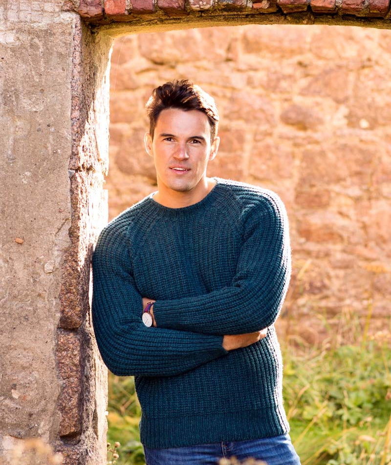 Mens teal ribbed lambs wool jumper chunky sweater 