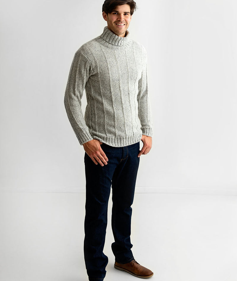 mens grey scottish wool polo neck jumper sweater needle ribbed