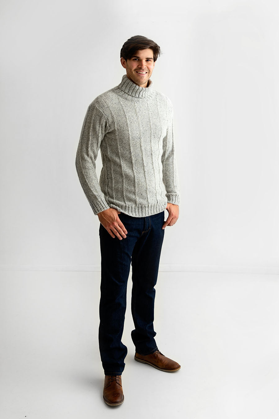 mens grey scottish wool polo neck jumper sweater needle ribbed