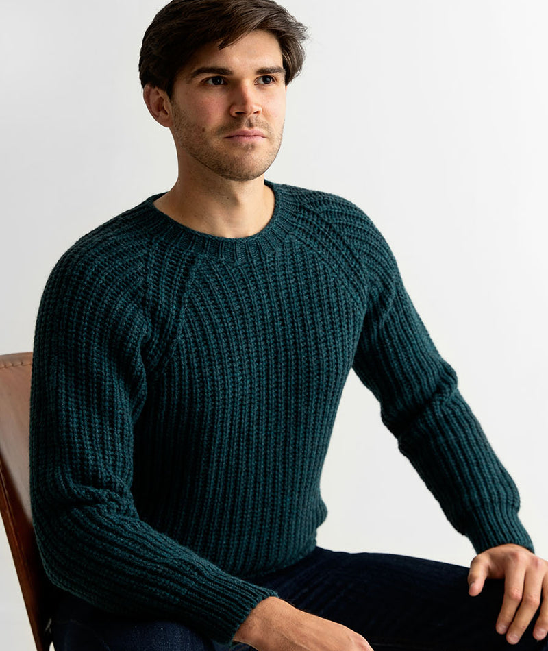 Mens teal fisherman rib jumper sweater lambs wool geelong