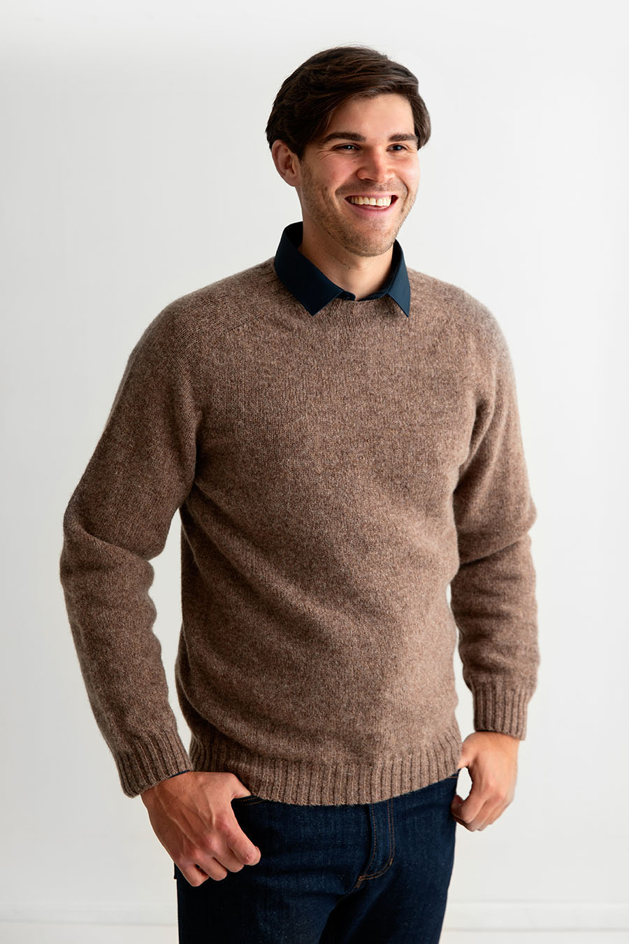 mens light brown shetland wool jumper sweater saddle shoulder nutmeg