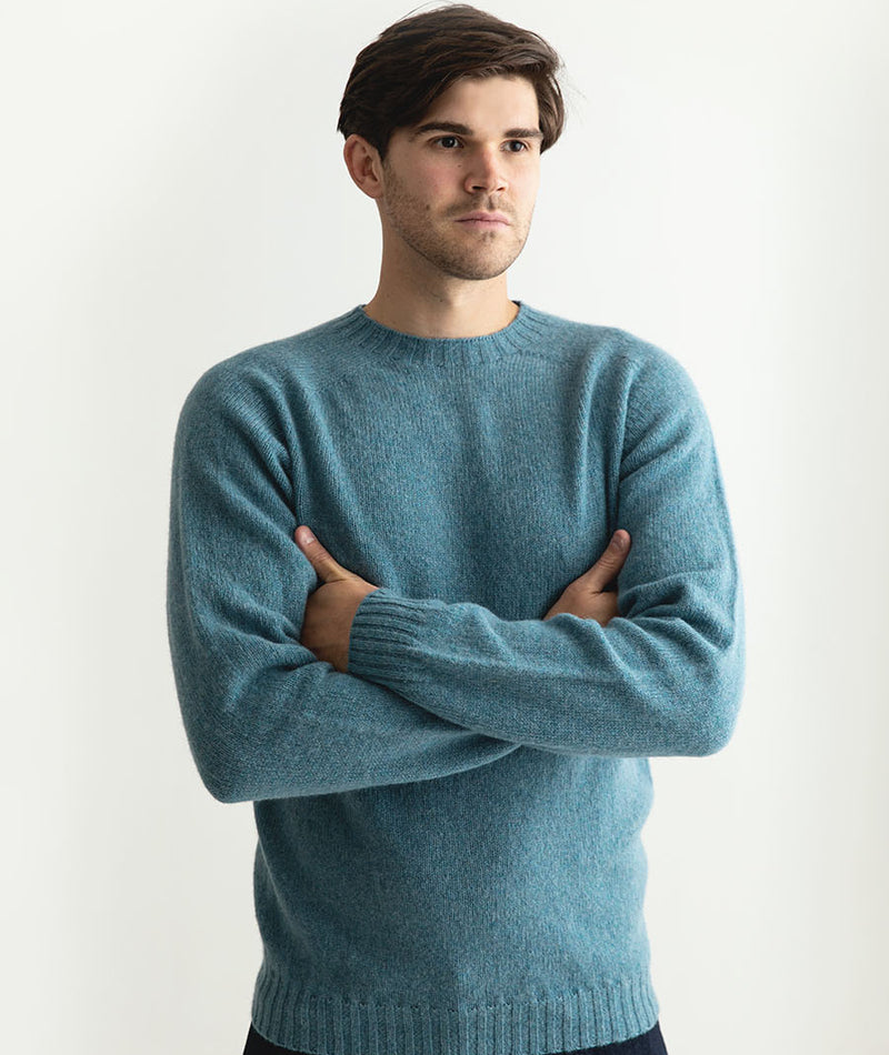 mens light teal shetland wool jumper sweater seamless saddle shoulder blue