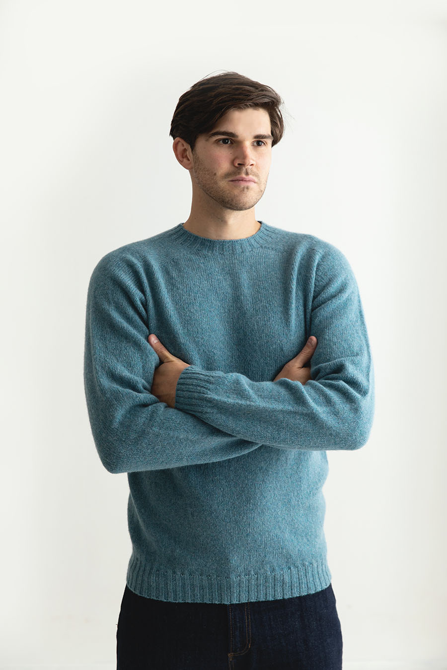 Mens Seamless Saddle Shoulder Shetland Jumper in "Teal dust", a light teal