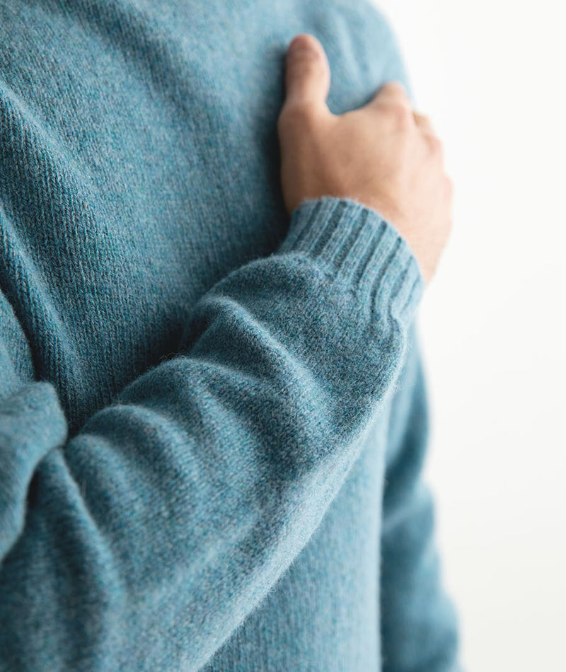 mens light teal blue wool shetland saddle shoulder seamless jumper sweater