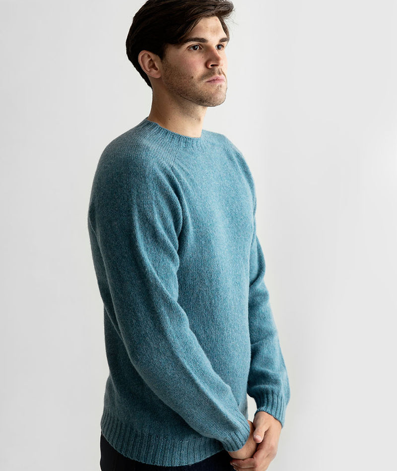 mens light teal shetland wool sweater jumper seamless saddle shoulder blue
