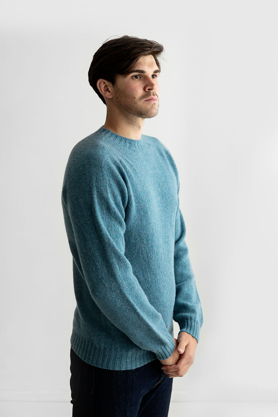 mens light teal shetland wool sweater jumper seamless saddle shoulder blue