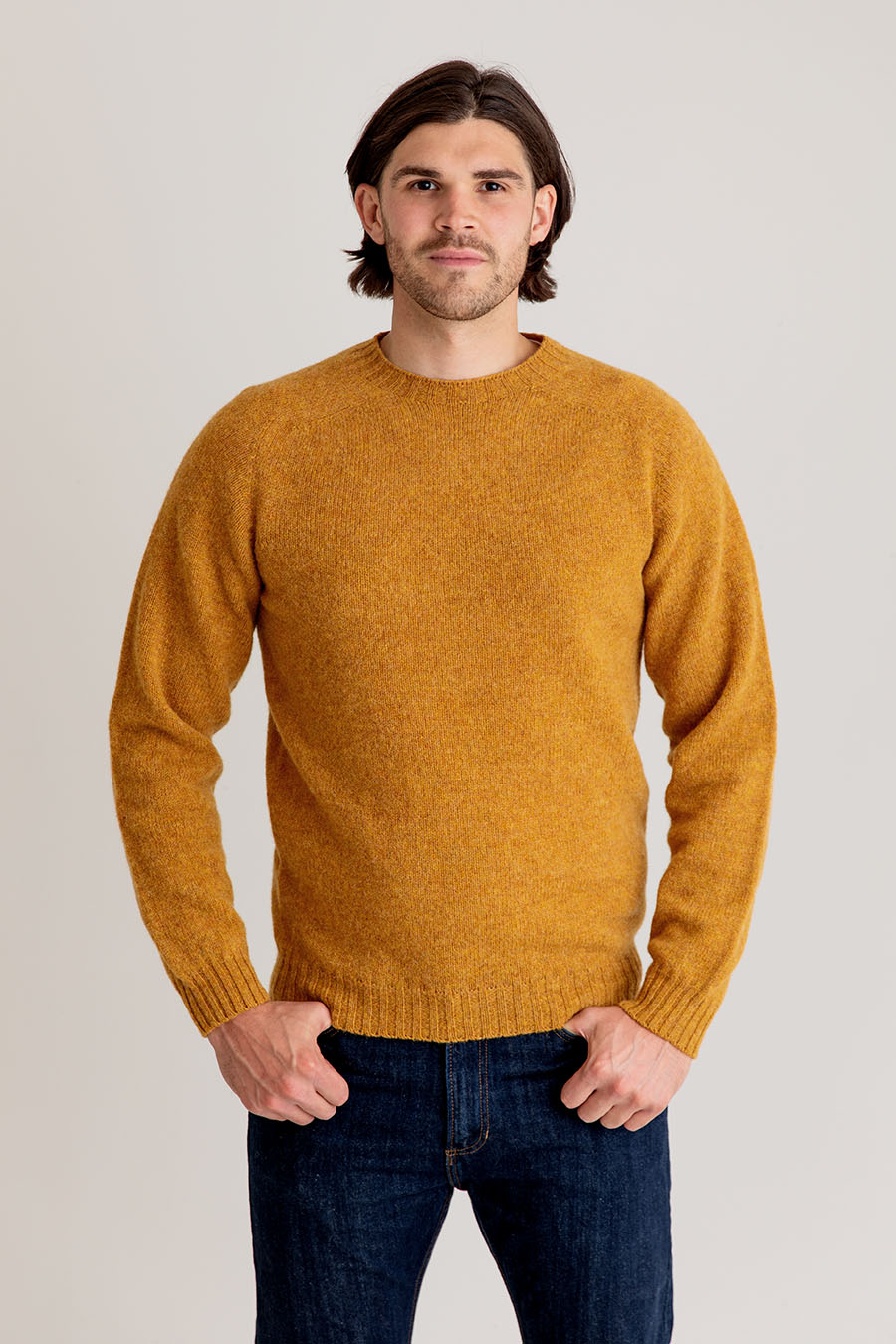 mens mustard yellow shetland wool jumper sweater crew neck saddle shoulder