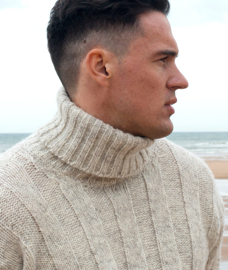 Mens natural ribbed polo neck jumper sweater 